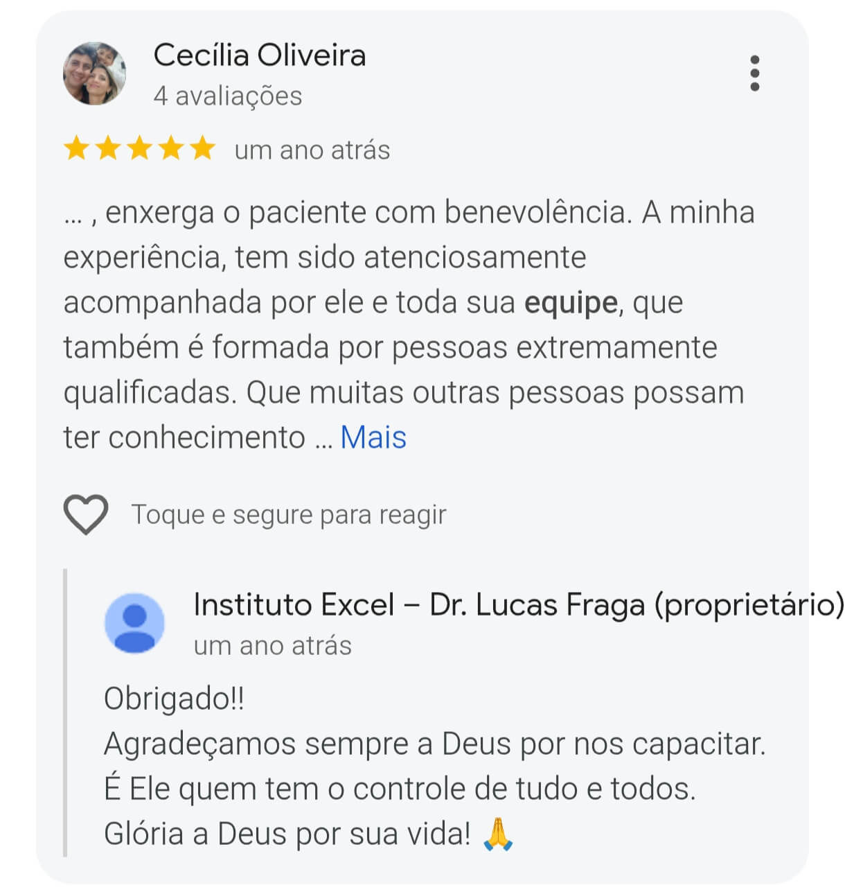 Avaliação de paciente do Instituto Clínico Excel no Google