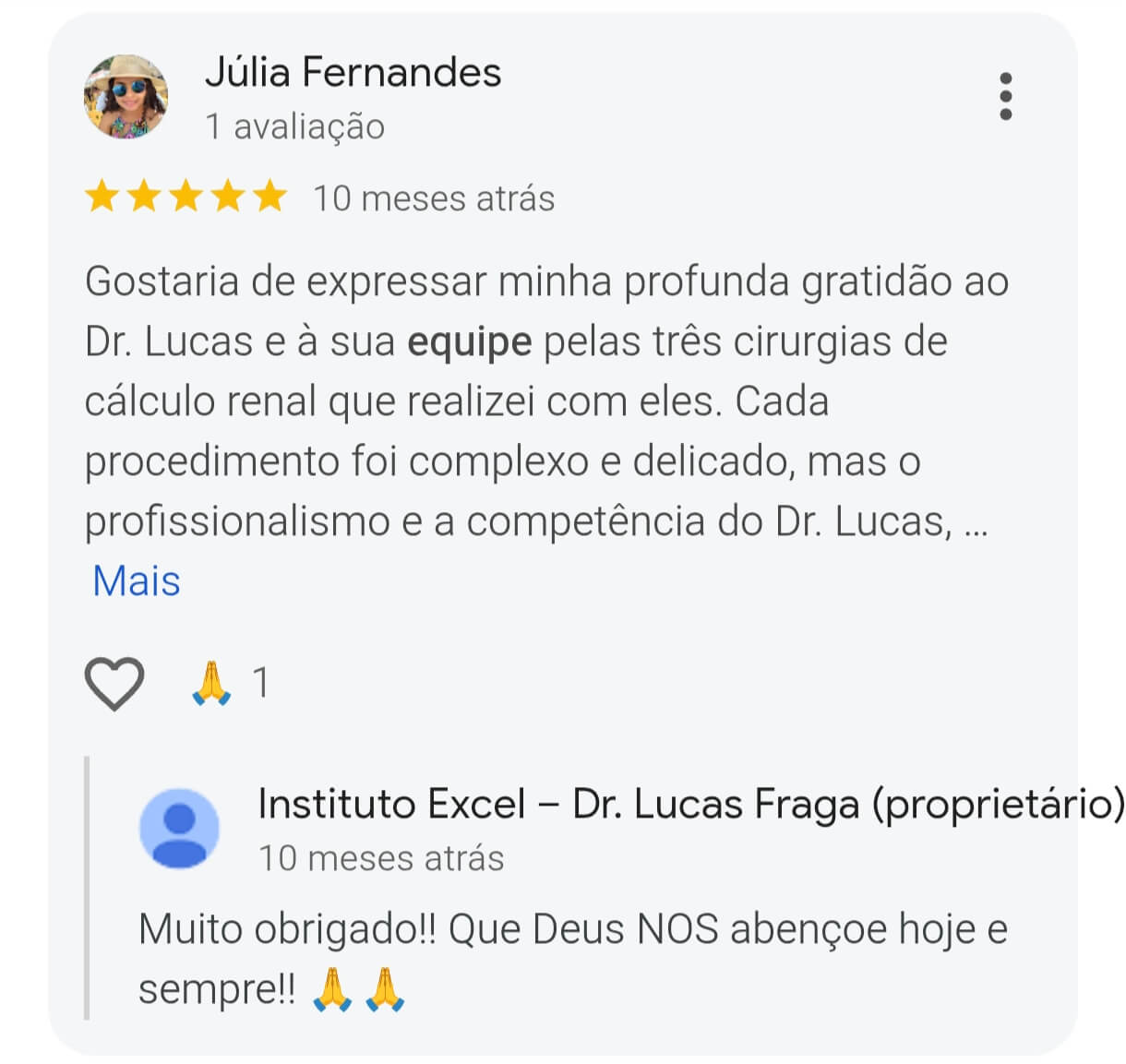Avaliação de paciente do Instituto Clínico Excel no Google