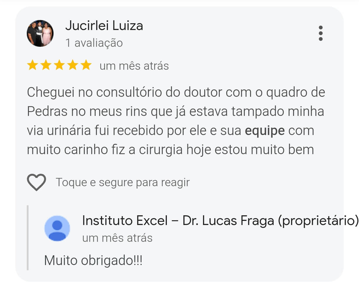 Avaliação de paciente do Instituto Clínico Excel no Google