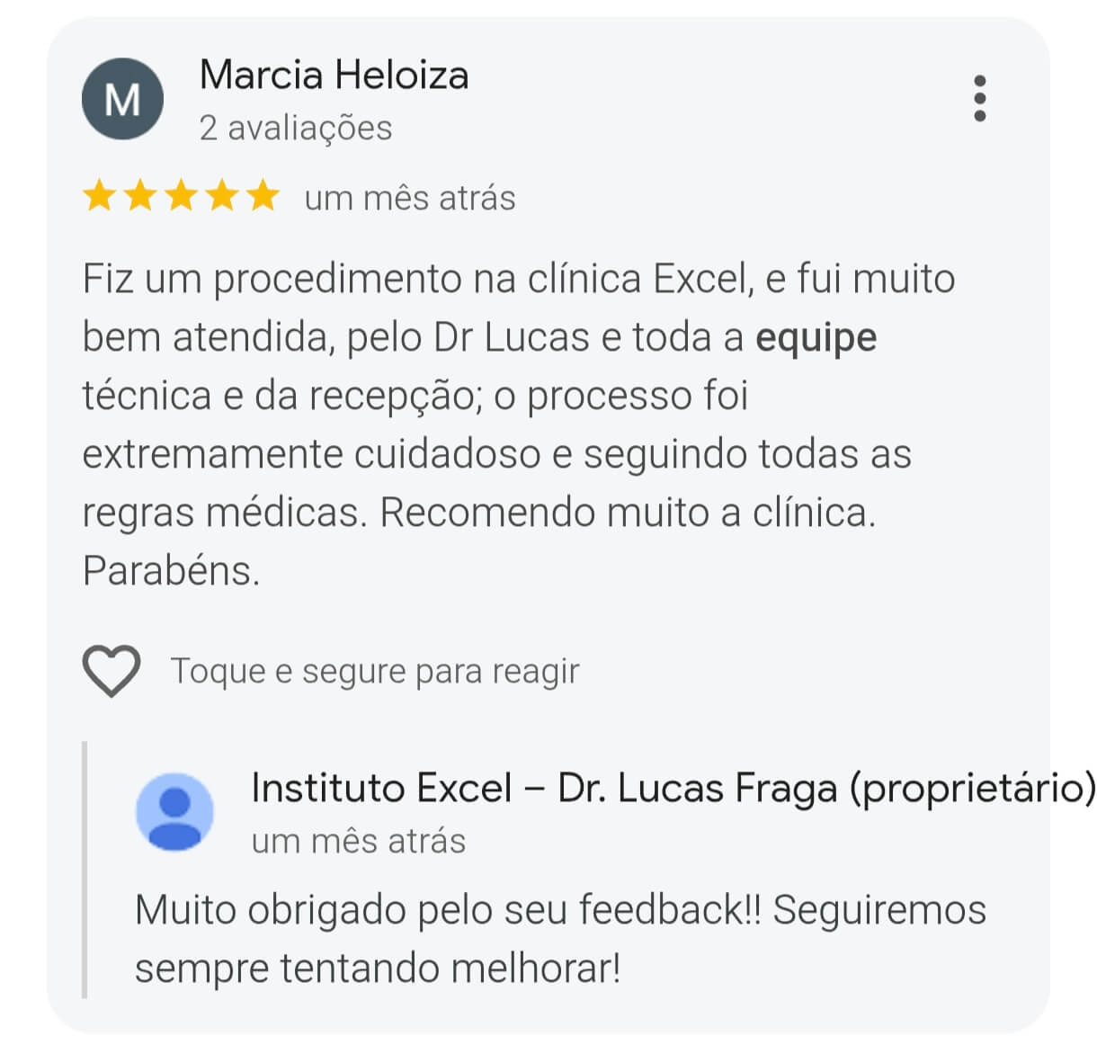 Avaliação de paciente do Instituto Clínico Excel no Google