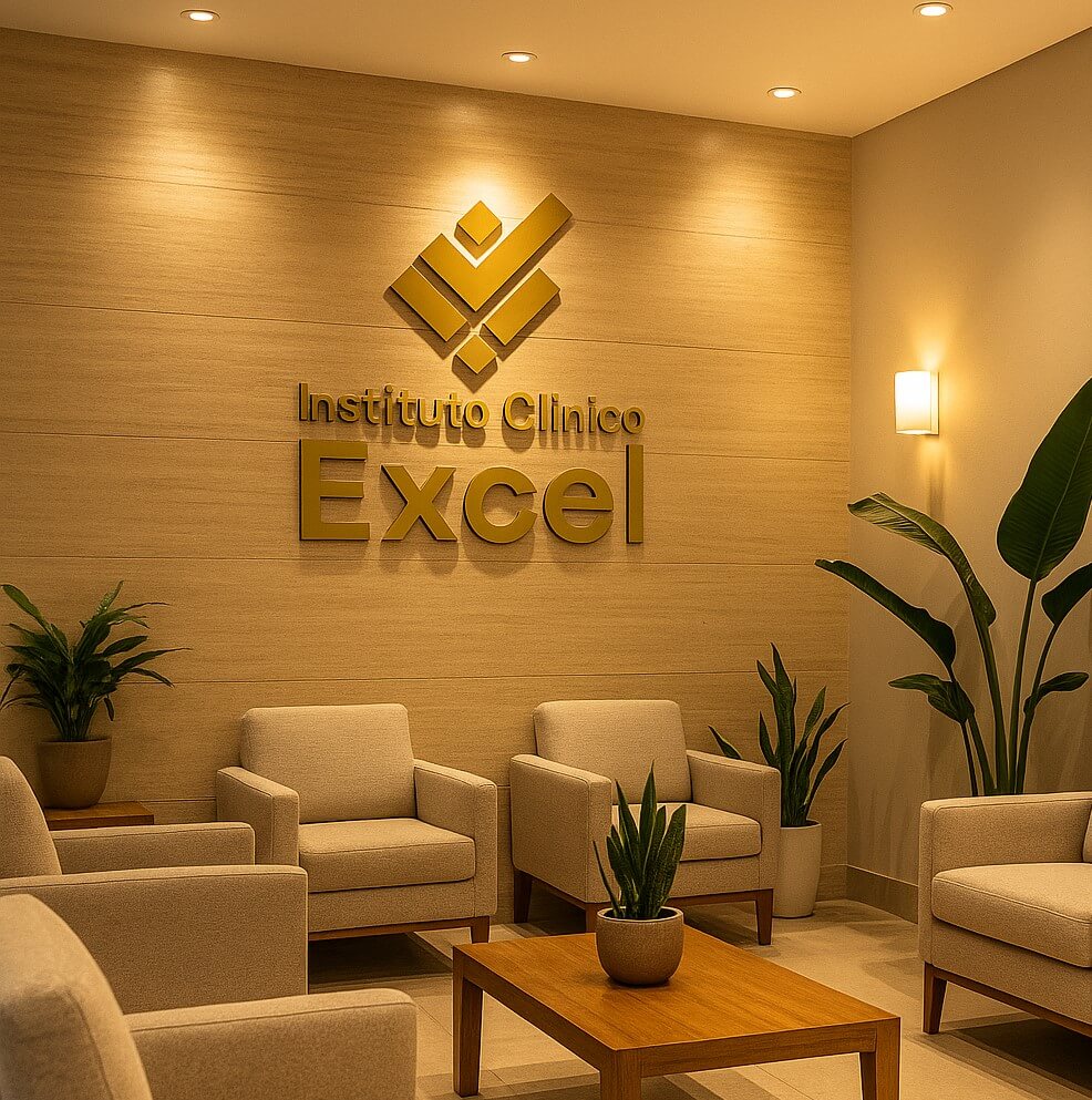 Recepção do Instituto Clínico Excel, ambiente moderno e acolhedor em Pirapora-MG